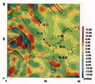 横浜市周辺の地表で測定された異常重力（標準値との差）の分布図