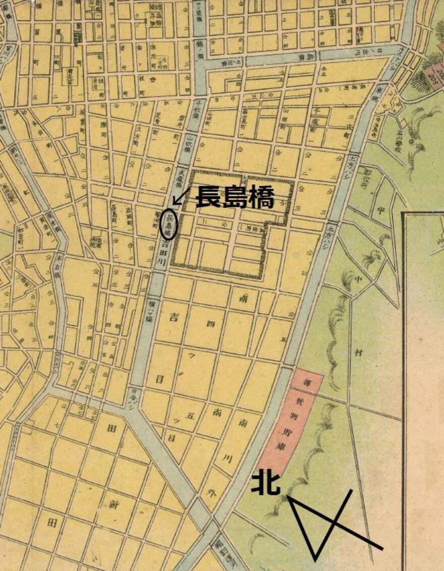 画像２「改正横浜市全図」より長島橋付近