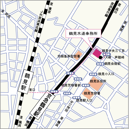 鶴見水道事務所の案内図