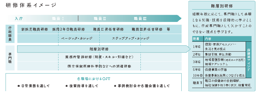 研修体系イメージ。入庁から職員Ⅲまでの各種研修と階層別研修について