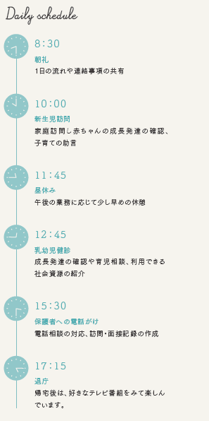 ８時半朝礼、１０時家庭訪問、１１時４５分昼休み、１２時４５分乳幼児健診、１５時半保護者への電話相談