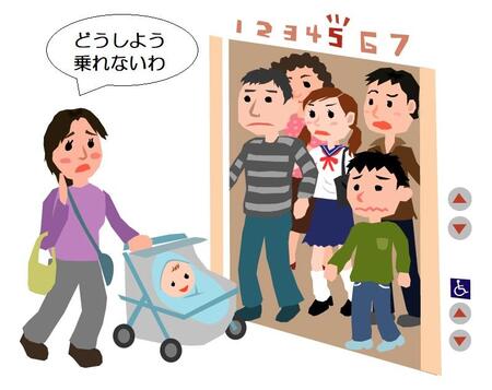 混雑するエレベーターと乗れずに困るベビーカー
