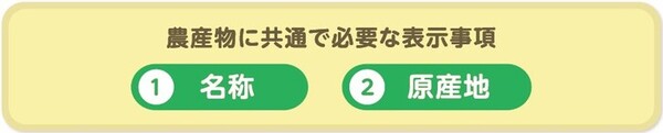 農産物に共通で必要な表示事項は①名称、②原産地についてである。