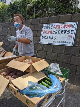 野菜の箱と八百屋さんの写真