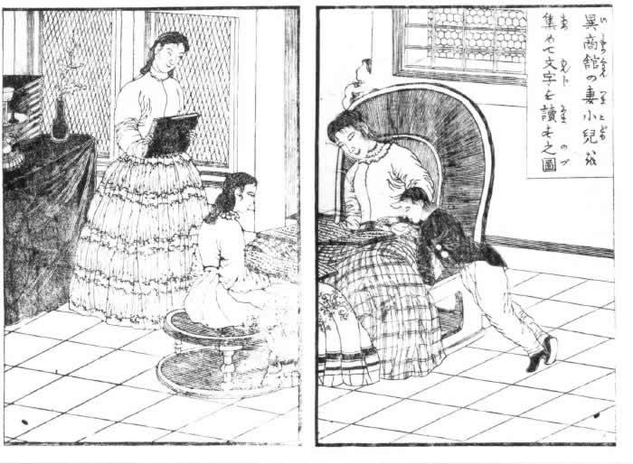異商館の妻小児を集めて文字を読す之図の画像