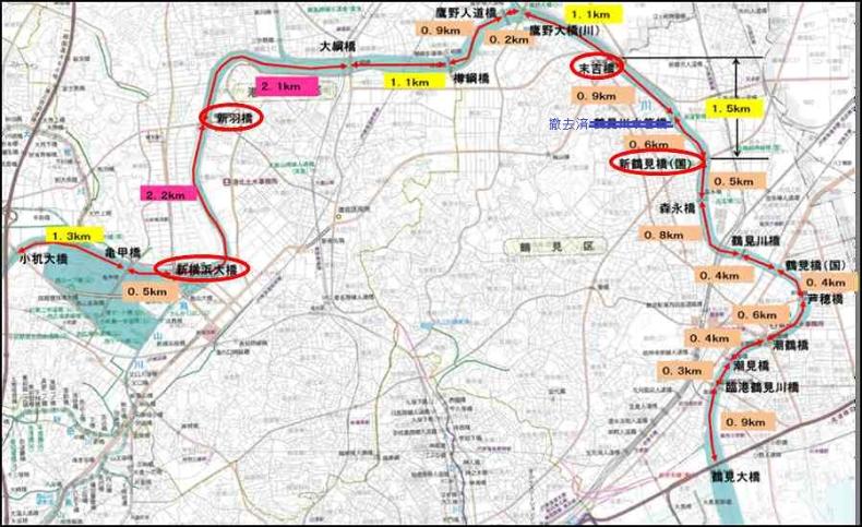 鶴見川中下流域の橋梁間隔位置図