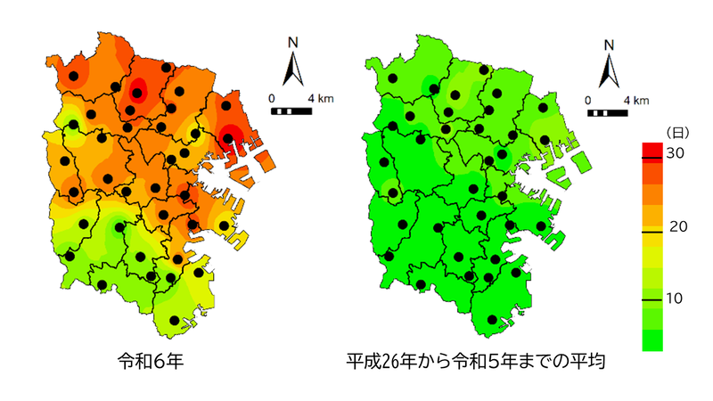 北部から中部にかけて猛暑日を多く記録、南部では少なくなる傾向