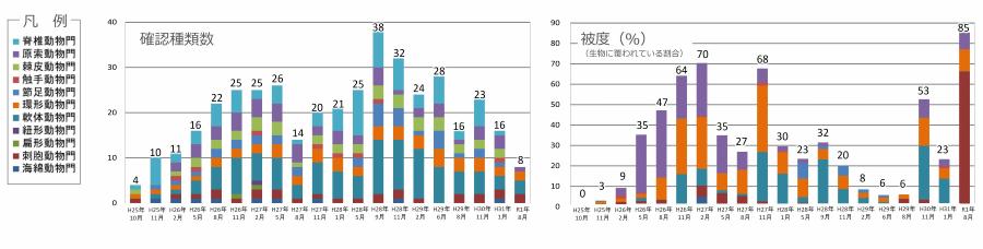山下公園前海域の確認種類数と被度のグラフです。