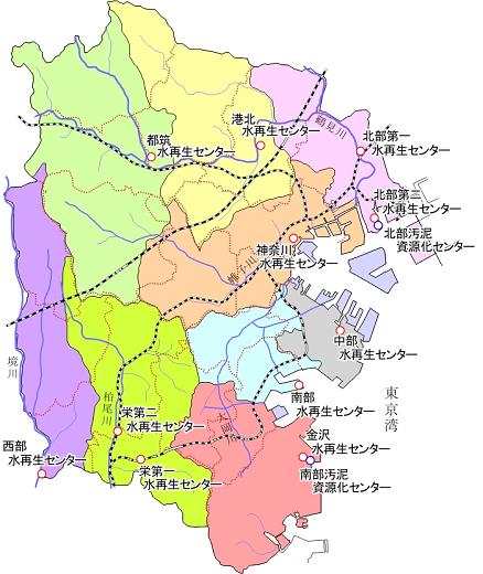 水再生センター処理区ごとに色分けされた市内地図のイラスト