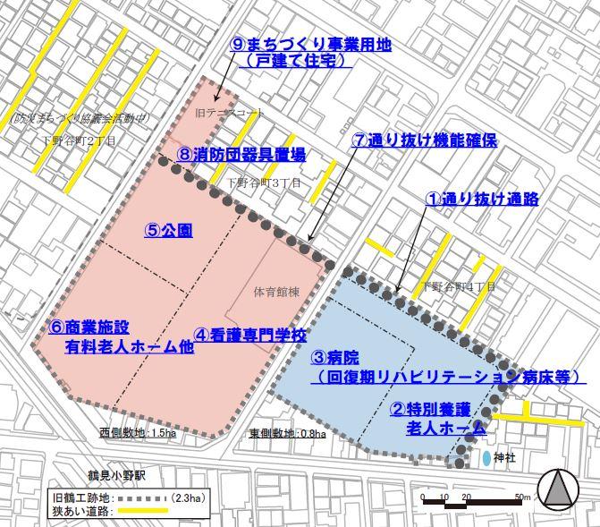 旧鶴見工業高等学校跡地の利活図を表示しています。