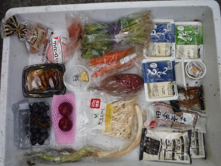 手つかず食品の写真。袋に入ったままの豆腐、もやし、ウィンナーなど。