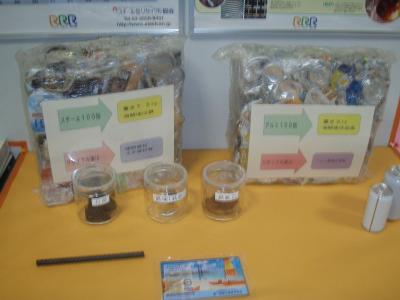 本物の資源物のリサイクル品が展示されています