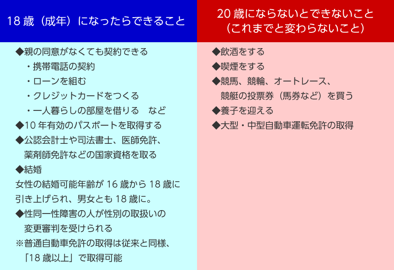 20歳にならないとできないことを画像で表にしたもの