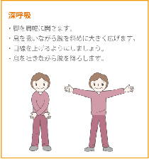 足をヵ多幅に開き、息を吸いながら腕を斜めに大きく広げます。目線を上げるように意識しながら、息をゆっく