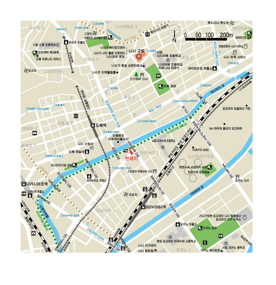 西平沼橋サインの地図をハングルで表記しています。