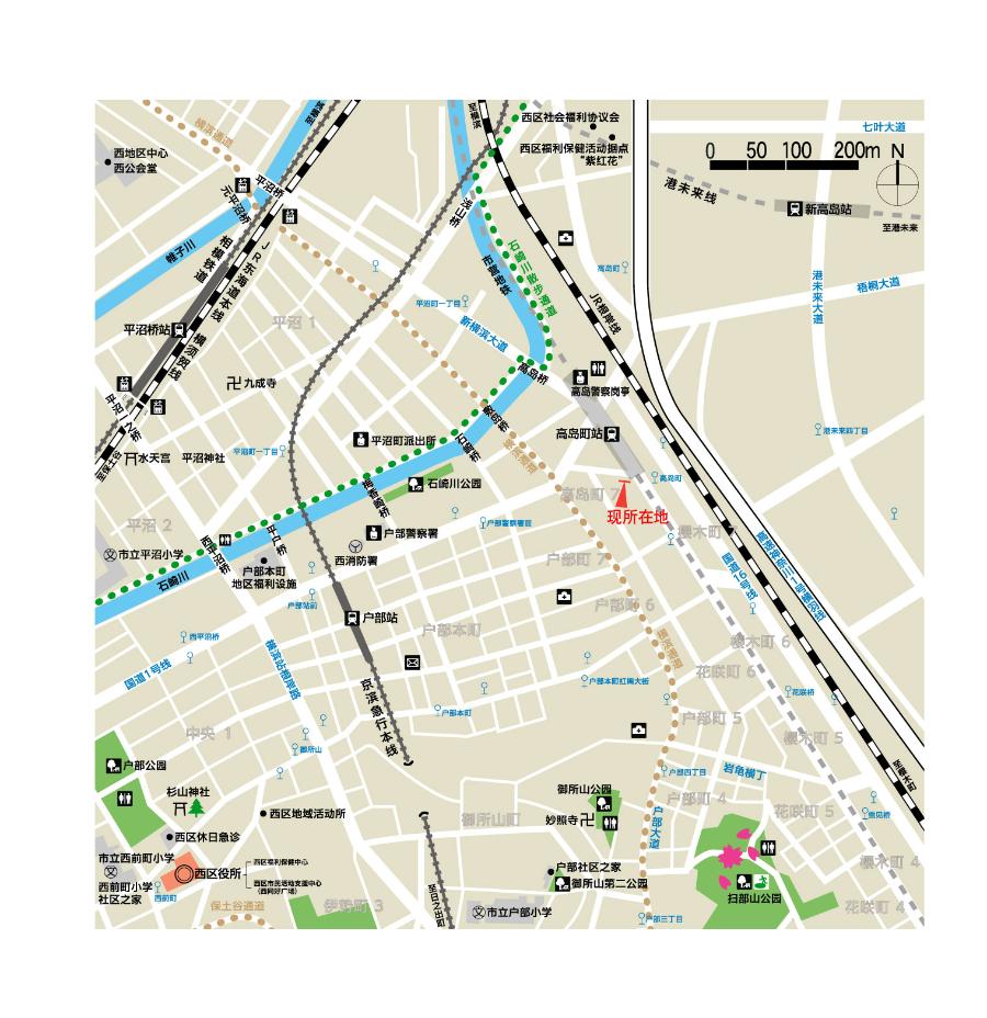 高島町駅前サインの地図を中国語で表記しています。