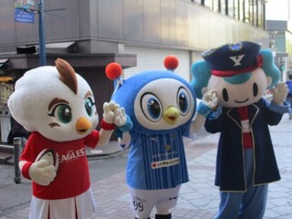 市内プロスポーツチームのマスコットキャラクター達もお祝いに